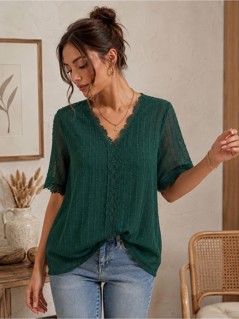 Forest Green Lace Trim V-Neck Blouse